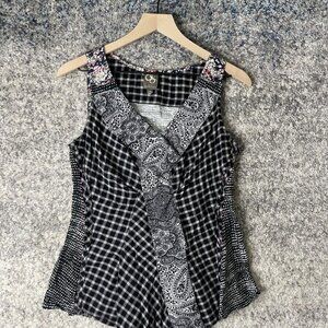 Cassandra Topp Shirt Womens Small Plaid‎ Boho Patchwork Sleeveless Mixed Print